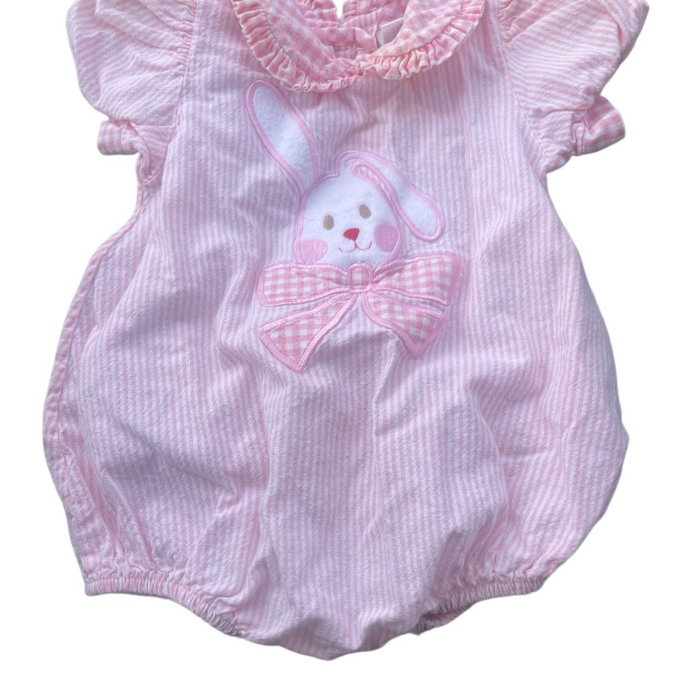 Vintage Alexis Pink Striped Baby Romper with Bunny Design